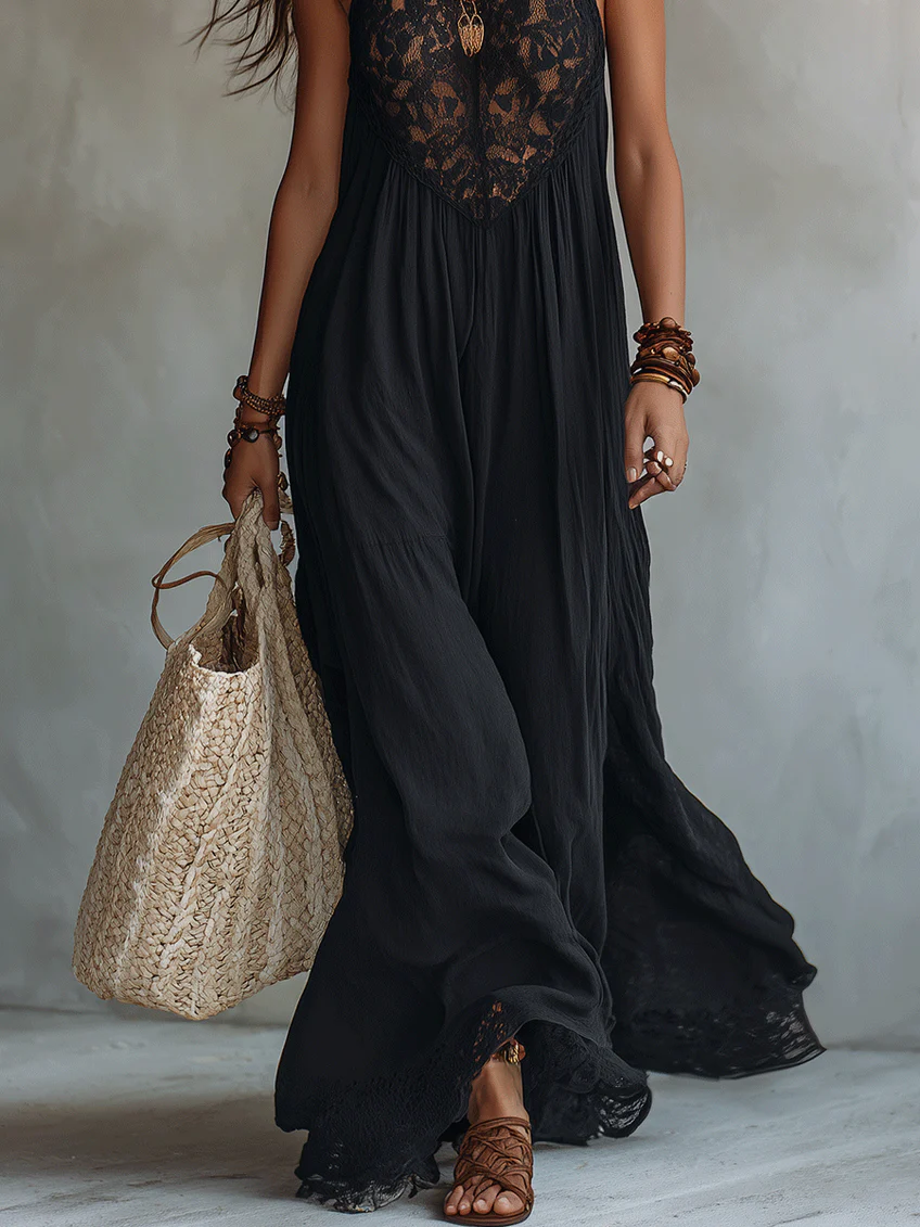 Vestido Maxi Negro Bohemio sin Mangas con Ribete de Encaje
