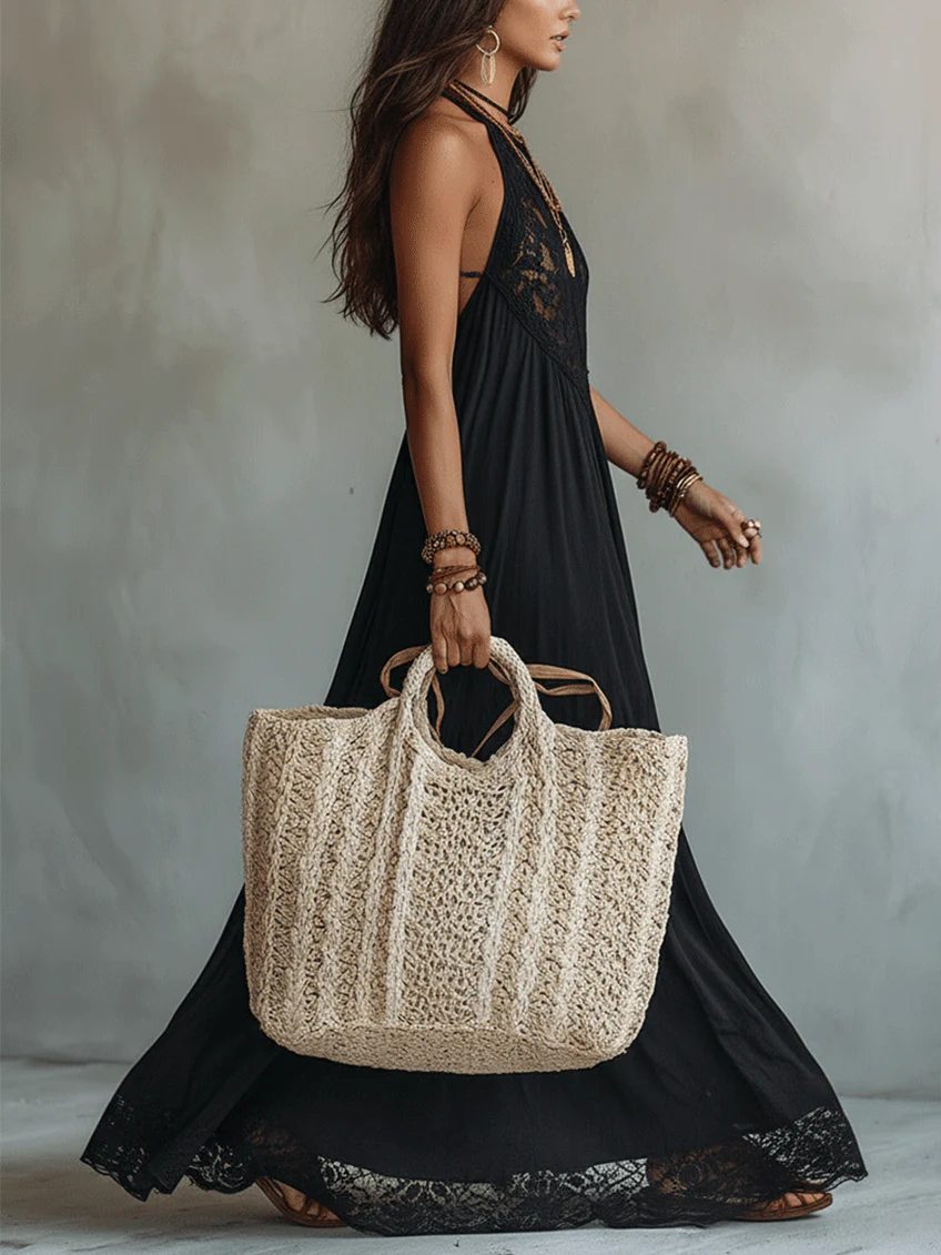 Vestido Maxi Negro Bohemio sin Mangas con Ribete de Encaje