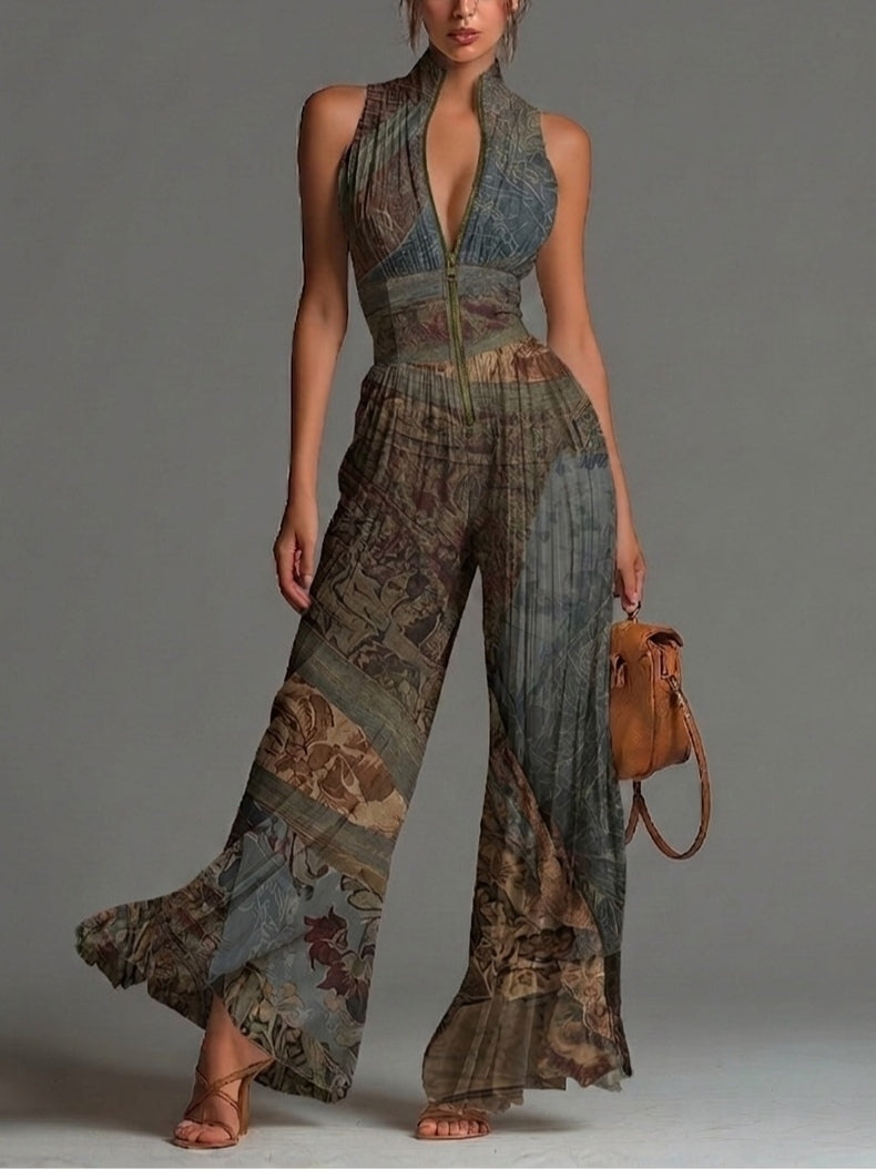 Mono de Gasa con Estampado Étnico Bohemio, sin Mangas y Pantalón Ancho Plisado