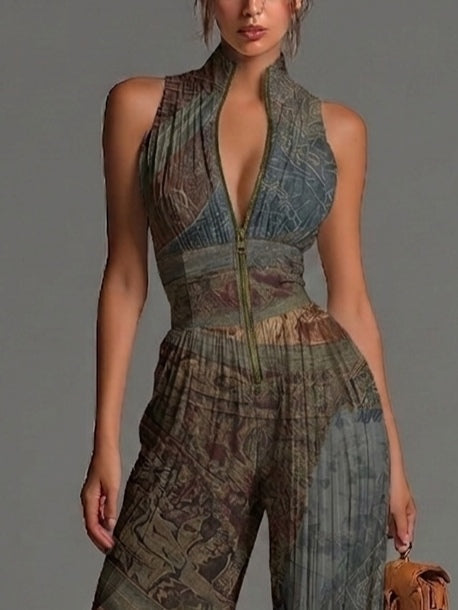 Mono de Gasa con Estampado Étnico Bohemio, sin Mangas y Pantalón Ancho Plisado