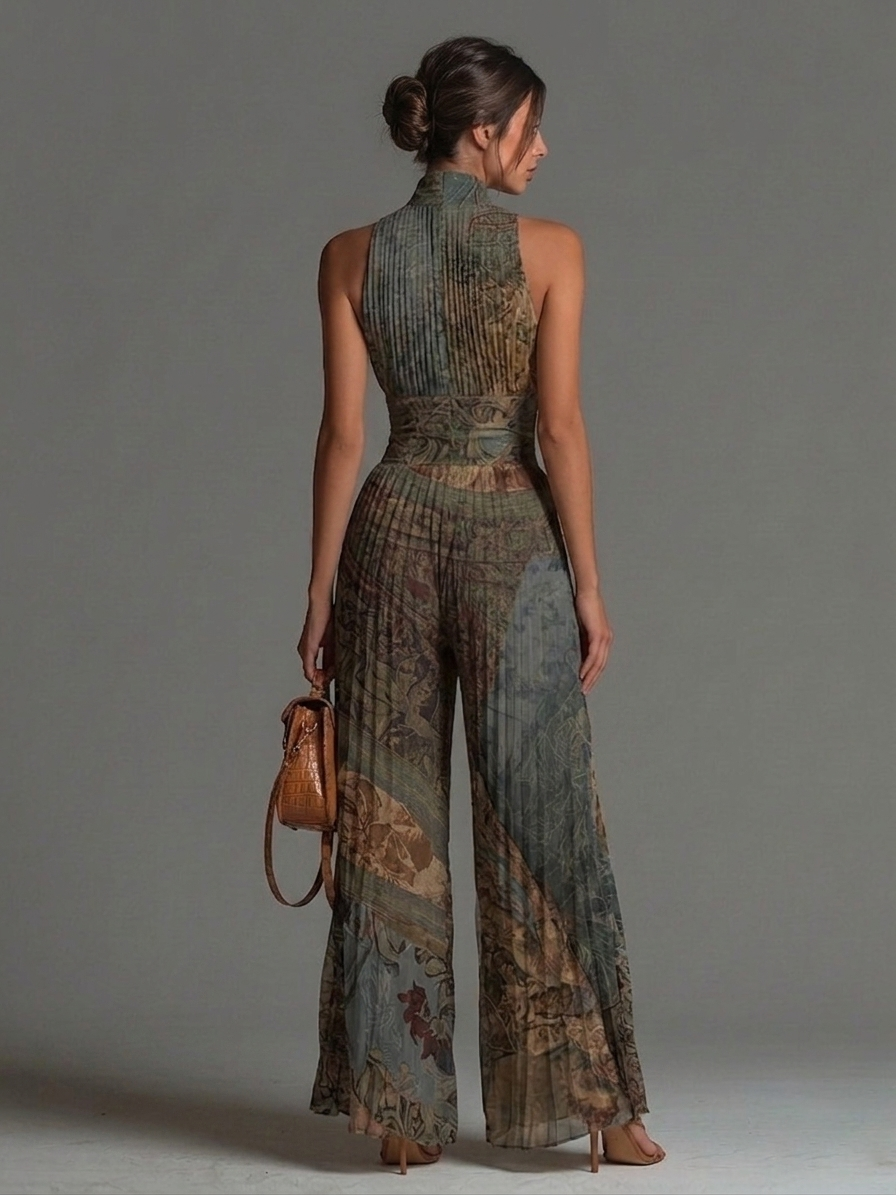 Mono de Gasa con Estampado Étnico Bohemio, sin Mangas y Pantalón Ancho Plisado