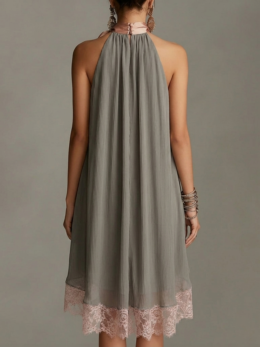 Beatrice | Vestido Mini de Satén Gris con Lazo Rosa y Encaje