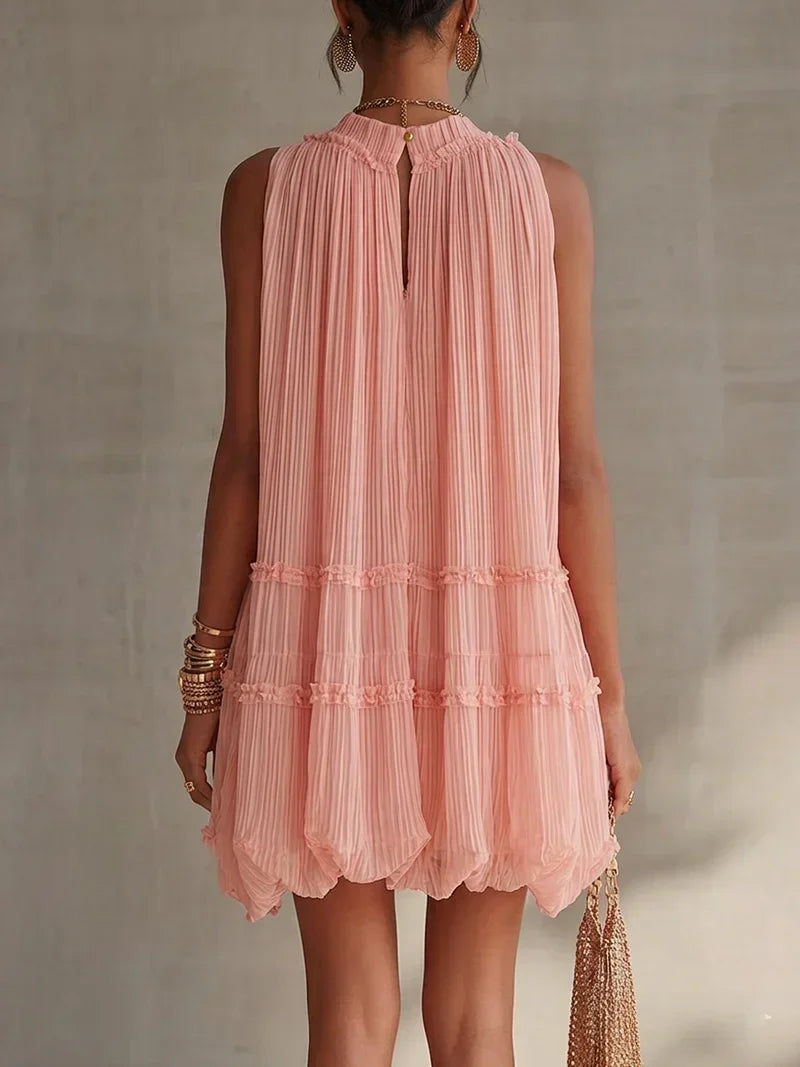 Magdalena Vestido Mini de Gasa a Rayas Rosa con Cuello Halter