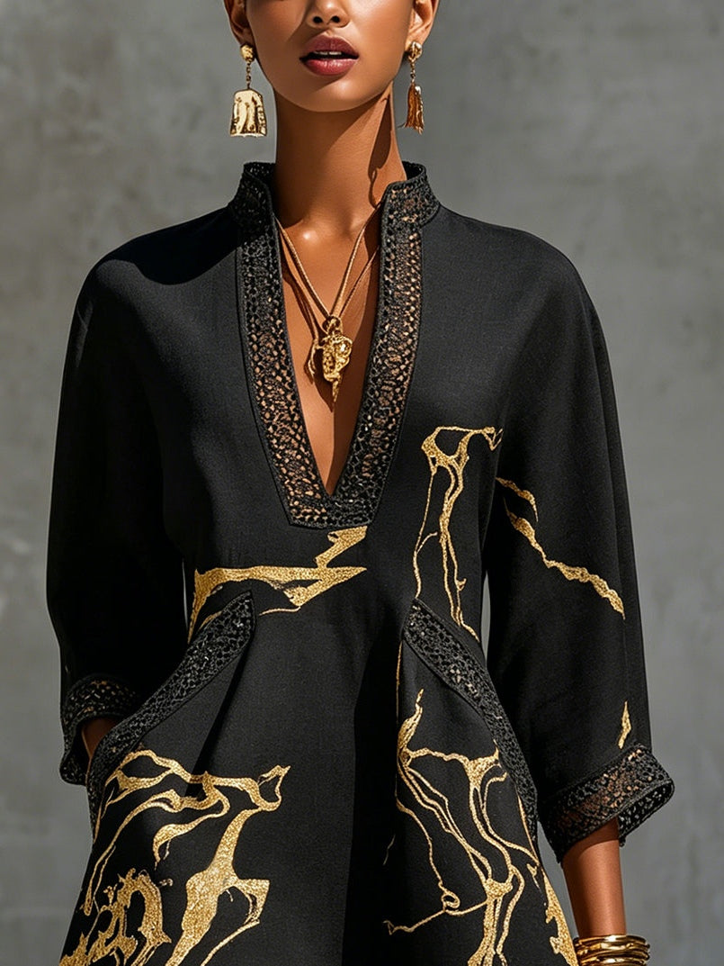 Donatella | Vestido Mini Negro con Estampado de Mármol Dorado y Encaje de Crochet