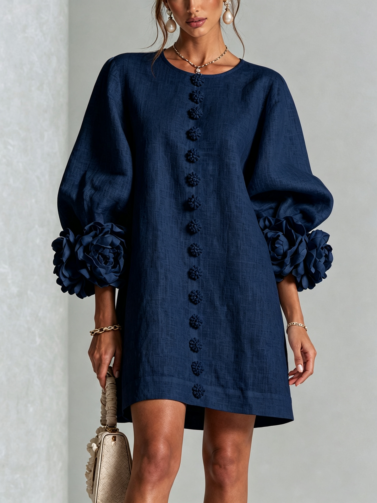 Florence™ | Vestido Mini Floral con Botones y Puños de Nudo de Rosa