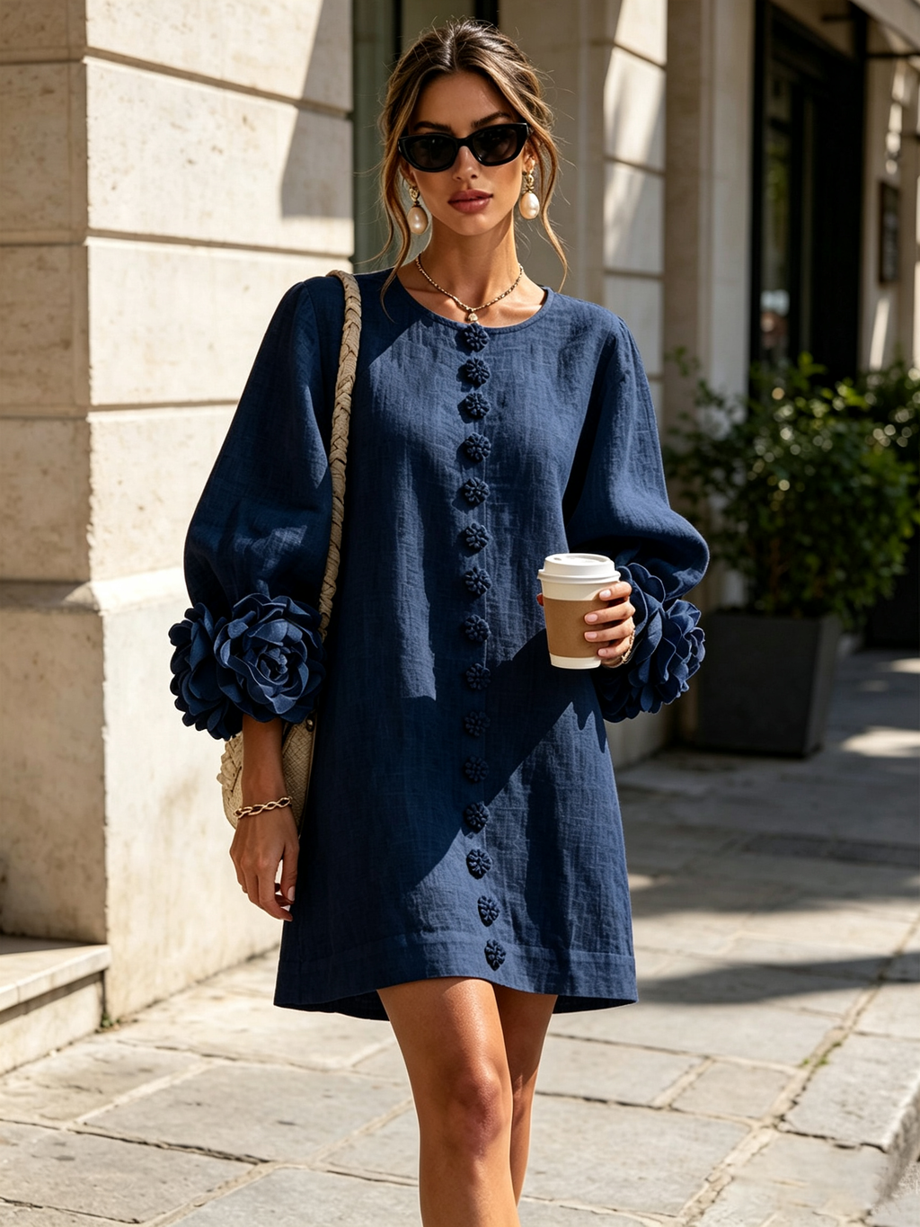 Florence™ | Vestido Mini Floral con Botones y Puños de Nudo de Rosa