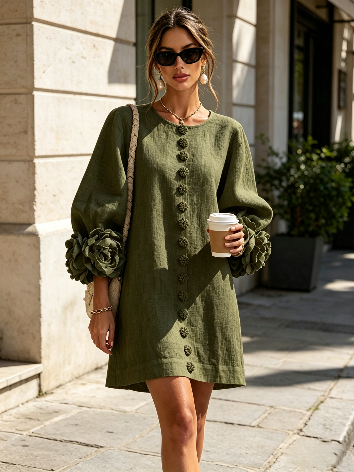 Florence™ | Vestido Mini Floral con Botones y Puños de Nudo de Rosa
