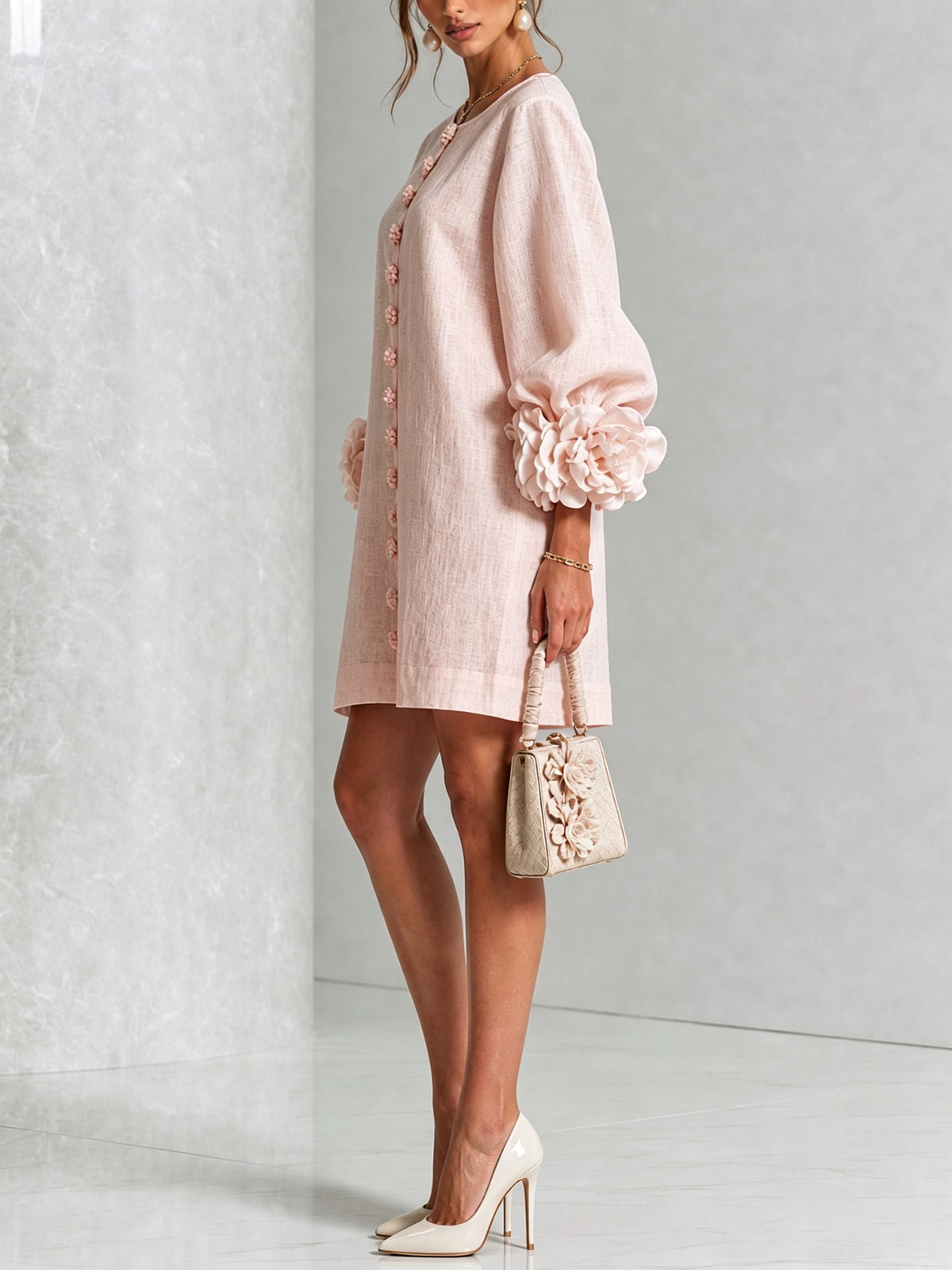 Florence™ | Vestido Mini Floral con Botones y Puños de Nudo de Rosa