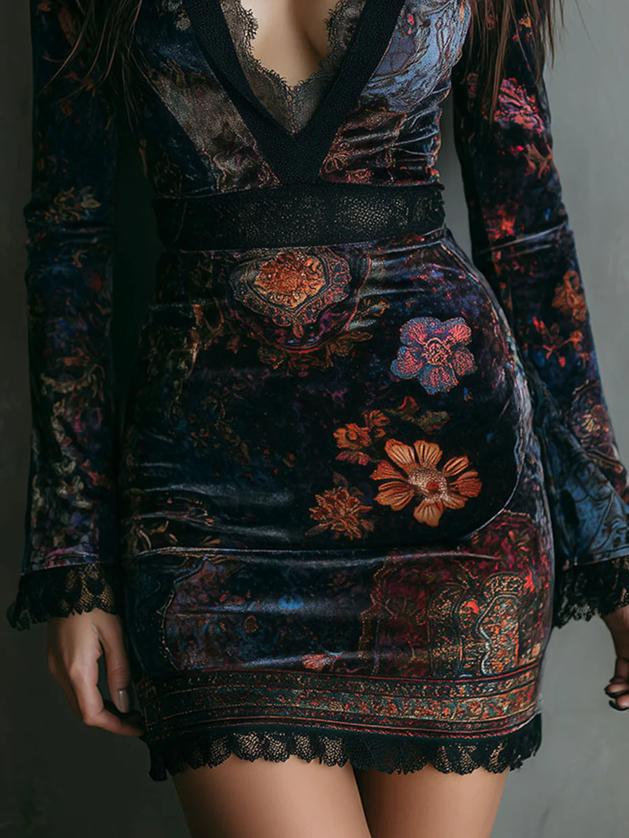 Liora ❘ Vestido Mini Floral de Terciopelo con Encaje