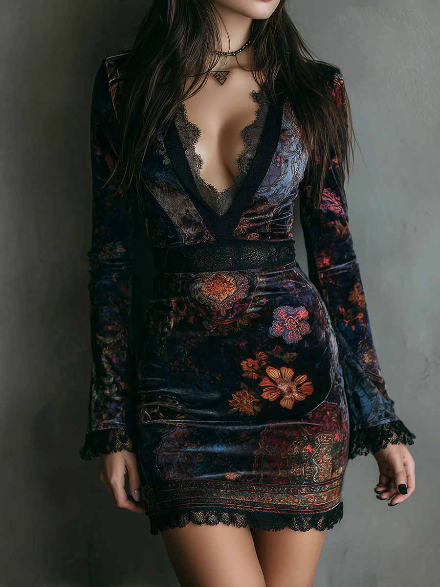 Liora ❘ Vestido Mini Floral de Terciopelo con Encaje
