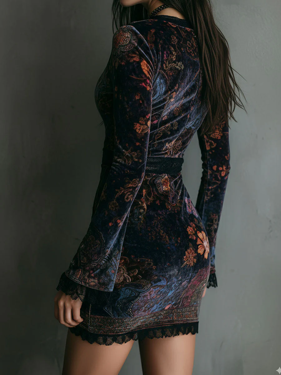 Liora ❘ Vestido Mini Floral de Terciopelo con Encaje