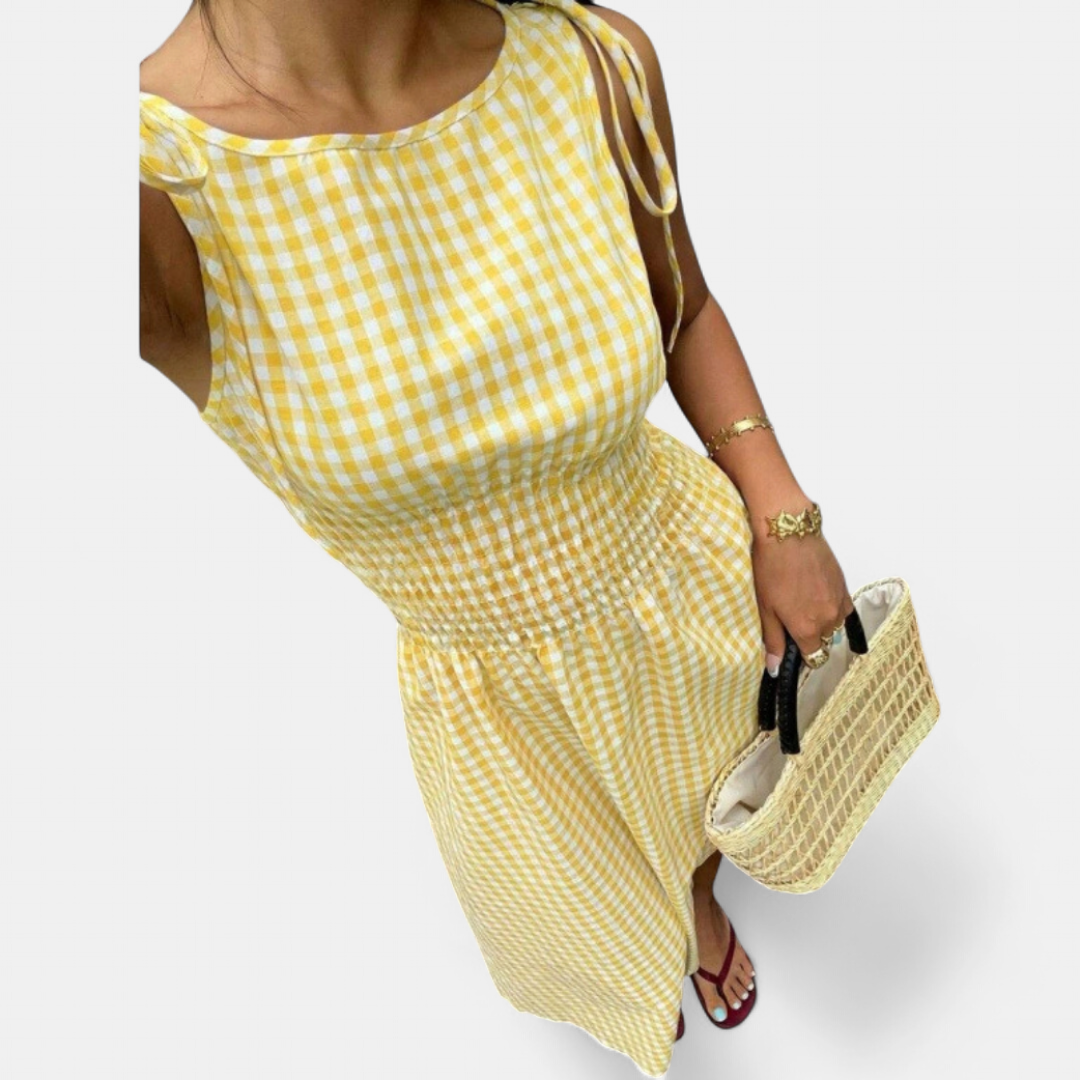 PERNETTE™ – Vestido midi de vichy con cintura fruncida