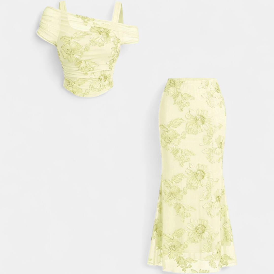 Conjunto de vestido largo de sirena en malla bordada, escote off-shoulder, para mujer