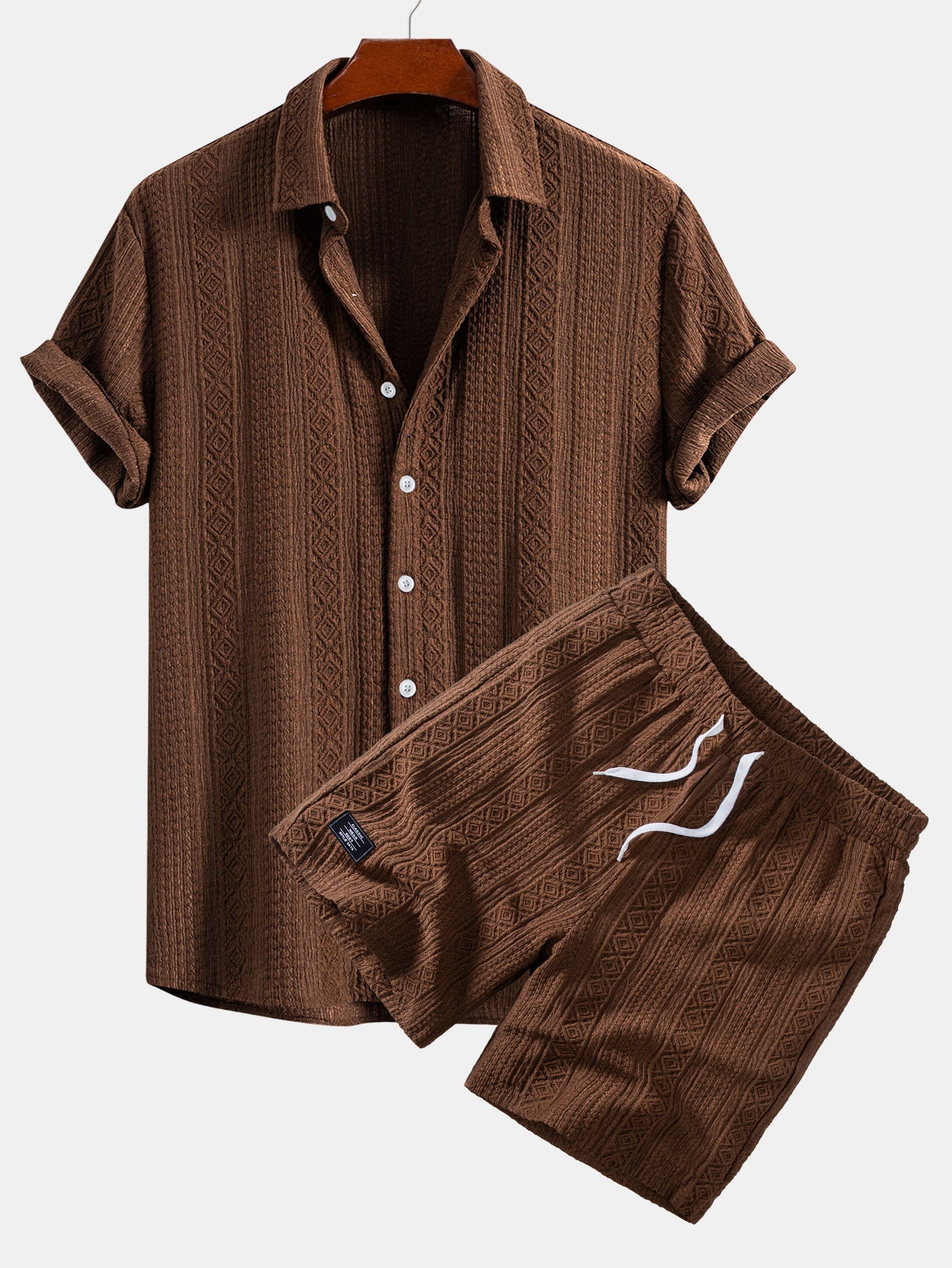 Conjunto de camisa de botones con estampado jacquard geométrico y pantalones cortos con cordón de 8"