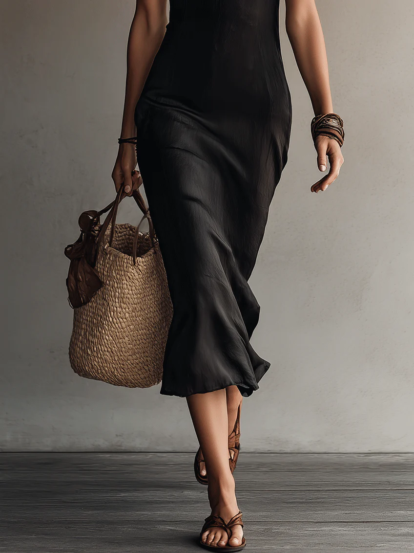 Adriana · Vestido Midi Negro con Escote en V y Detalles de Encaje