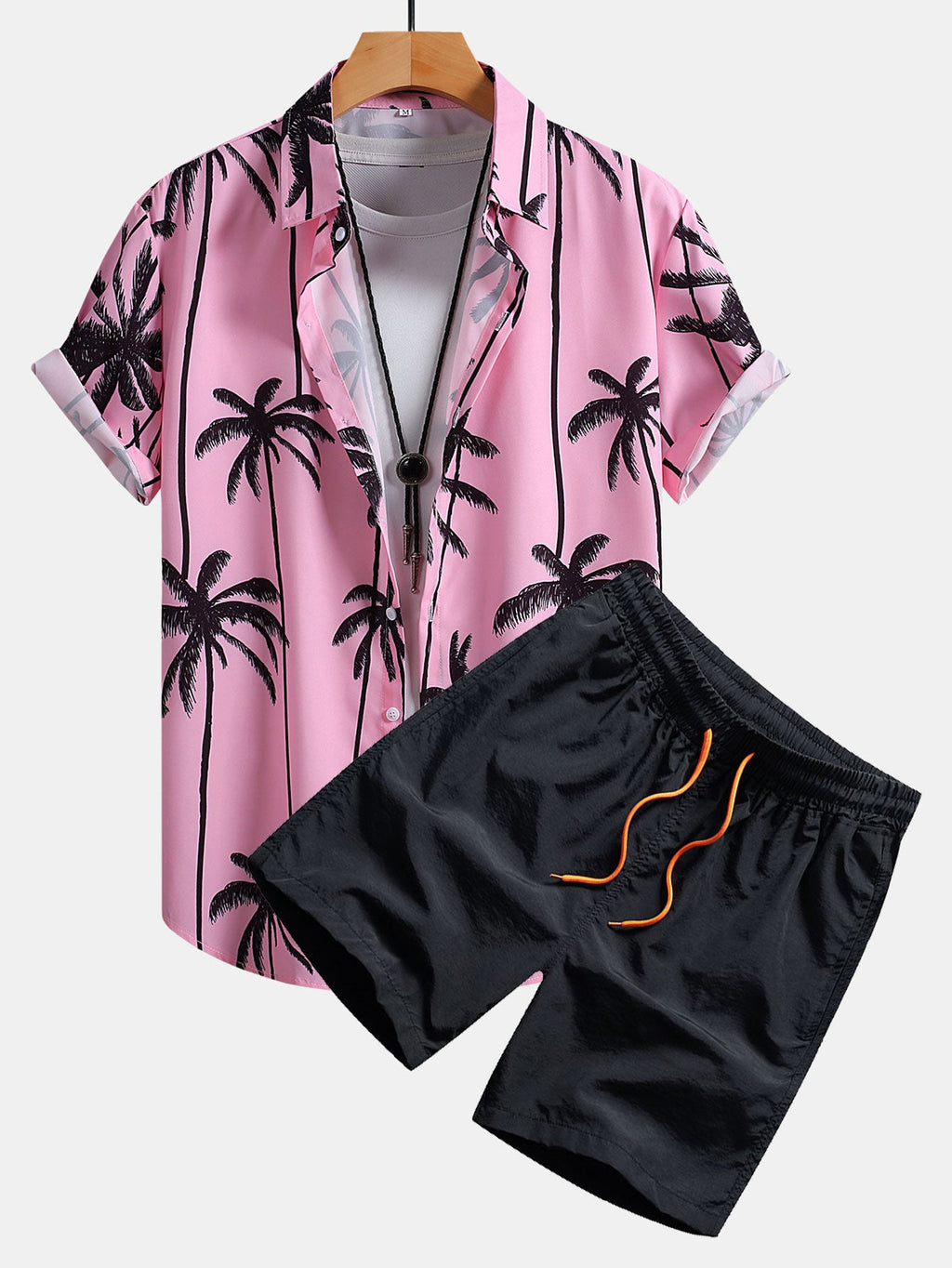 Camisa abotonada con estampado de palmeras y bañador corto