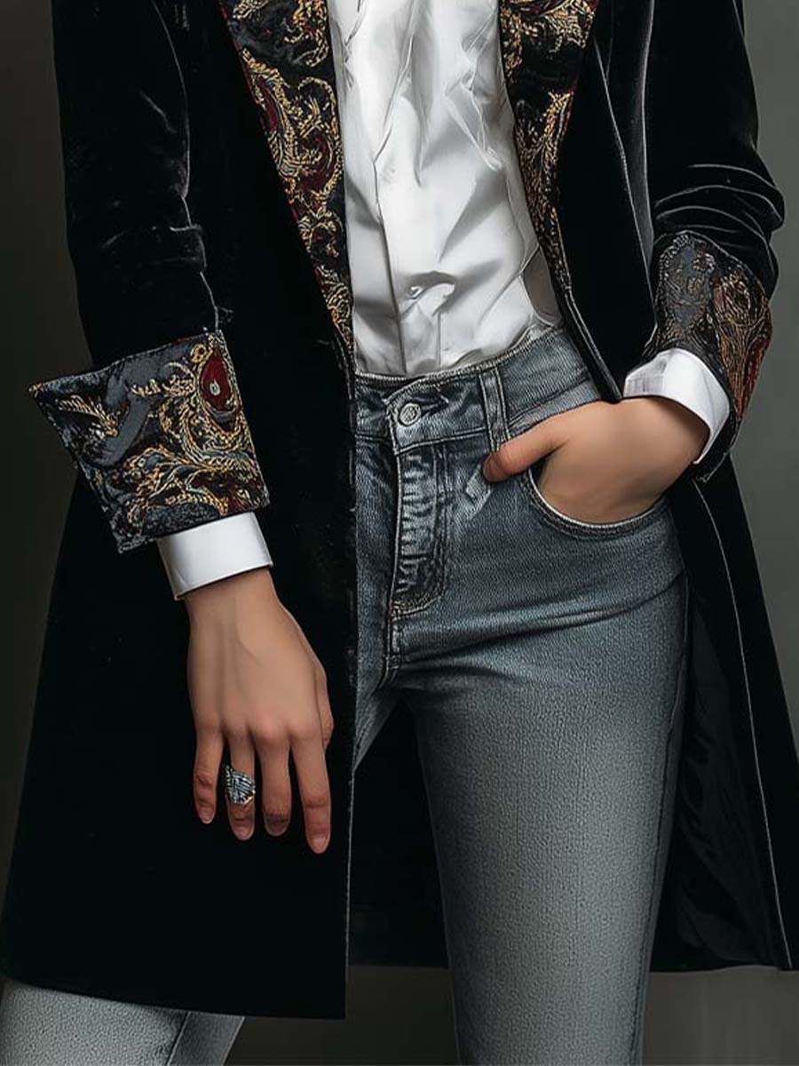 Blazer Entallado de Solapa con Estampado Barroco Negro para Mujer