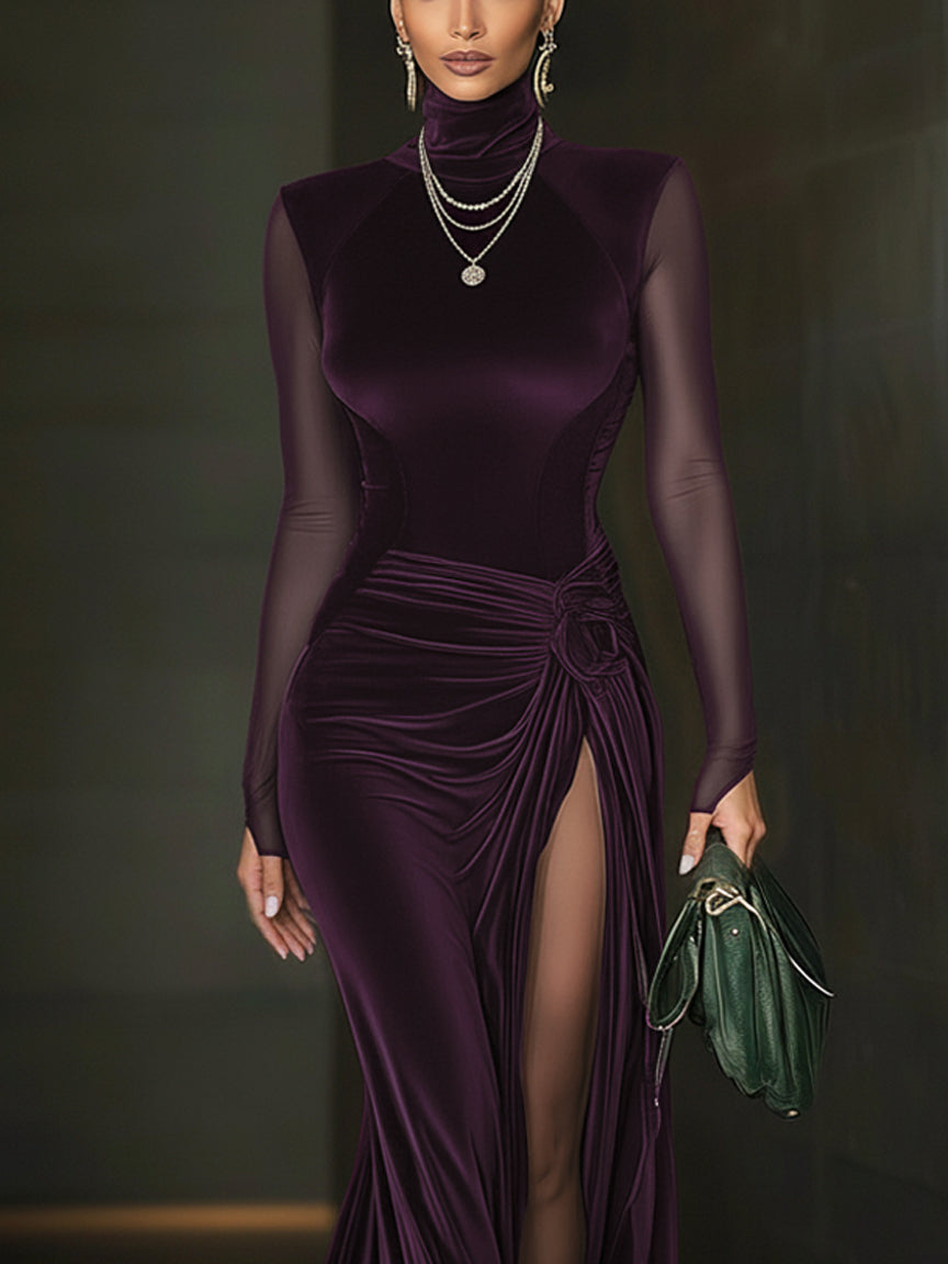 Vestido largo con abertura alta y manga de malla de terciopelo verde esmeralda