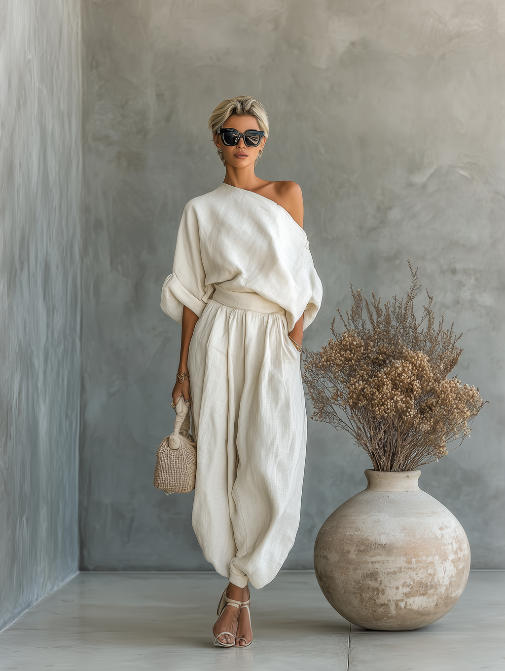 Conjunto de lino blanco roto para mujer con top de hombros descubiertos y pantalones de corte entallado • Talla S1