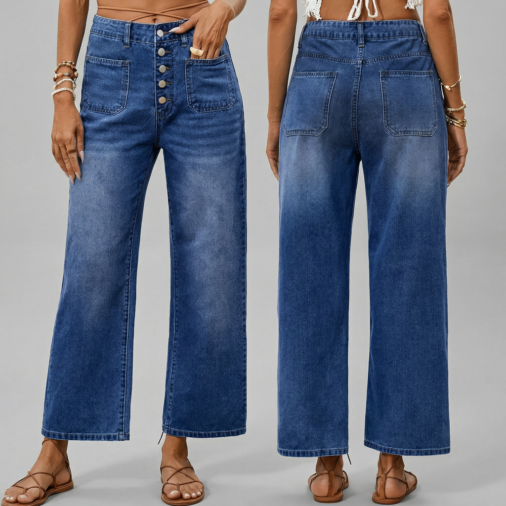 Vaqueros de mujer cropped de pierna ancha con botones y cintura elástica | Denim relajado