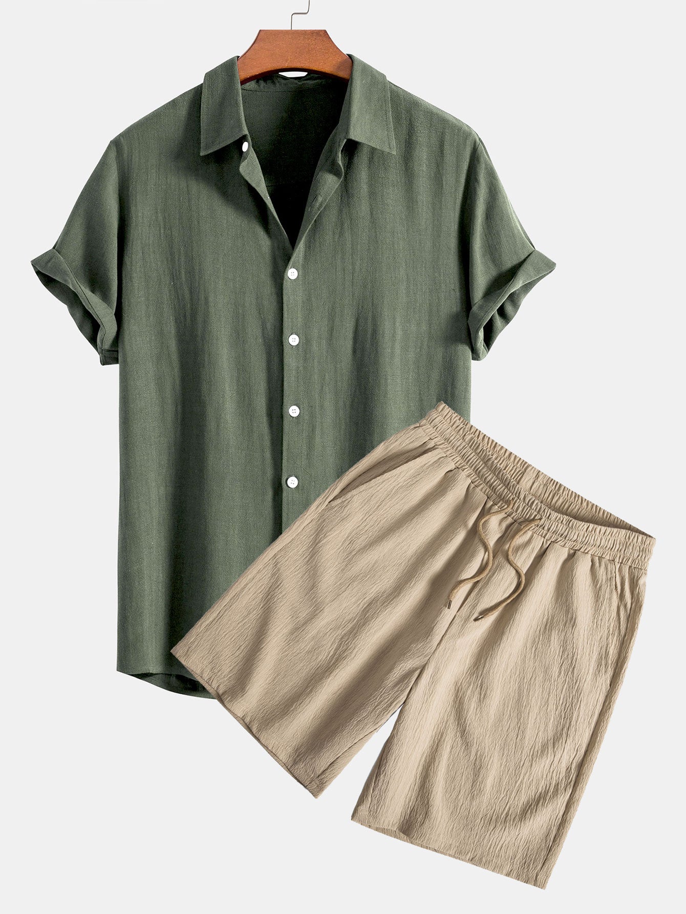Camisa abotonada de mezcla de lino y rayón y pantalones cortos con cordón y textura arrugada