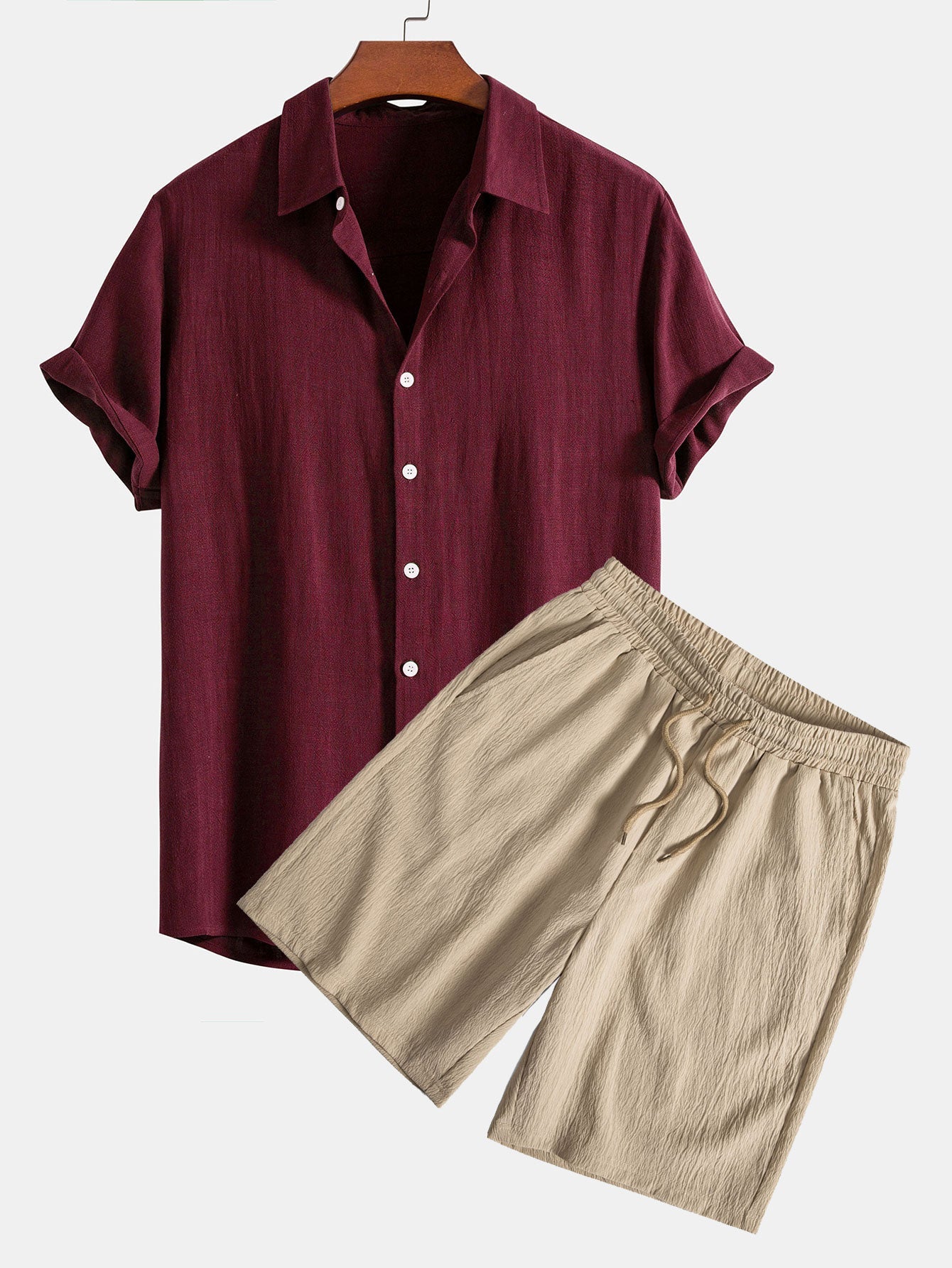 Camisa abotonada de mezcla de lino y rayón y pantalones cortos con cordón y textura arrugada