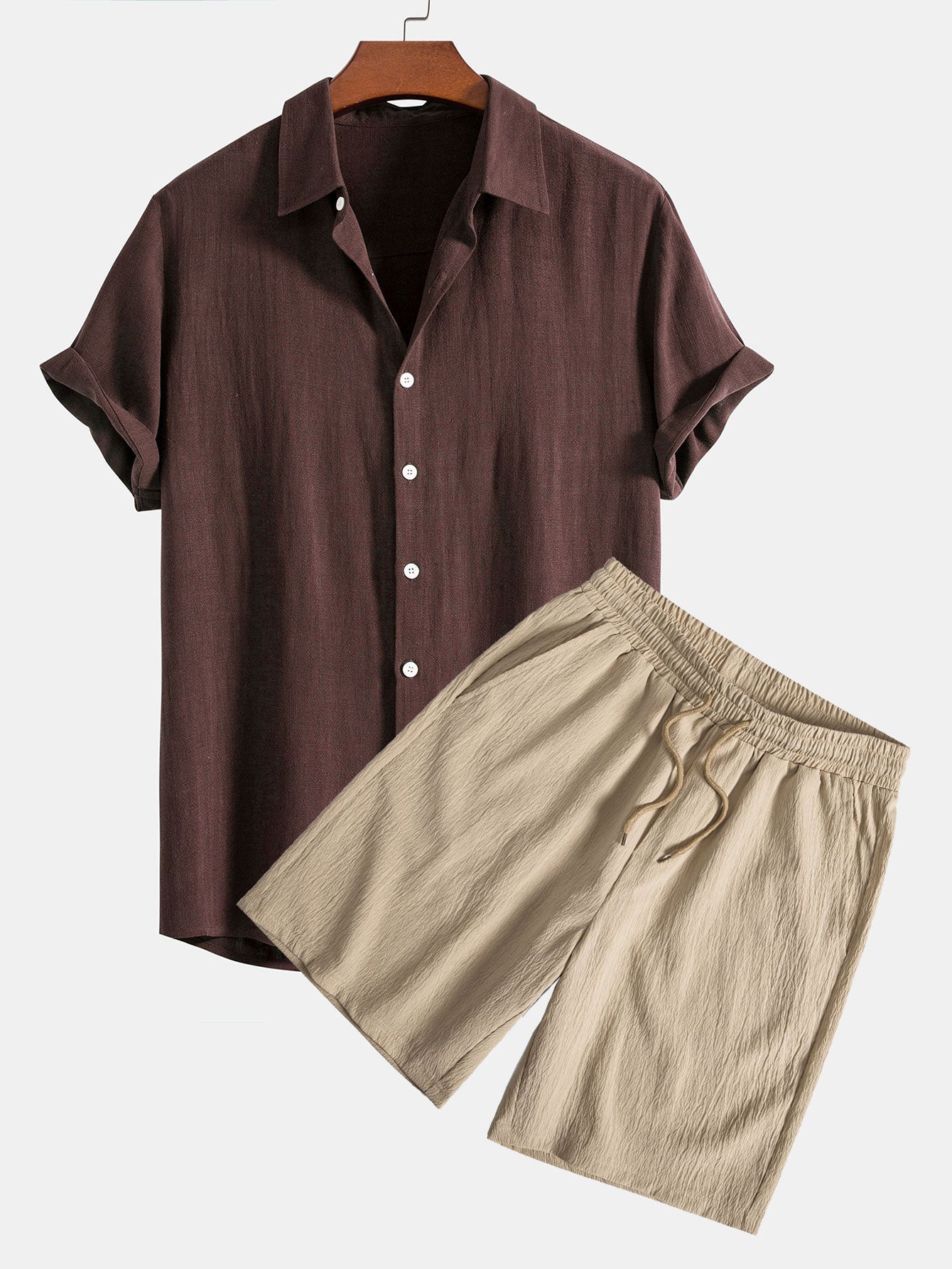 Camisa abotonada de mezcla de lino y rayón y pantalones cortos con cordón y textura arrugada