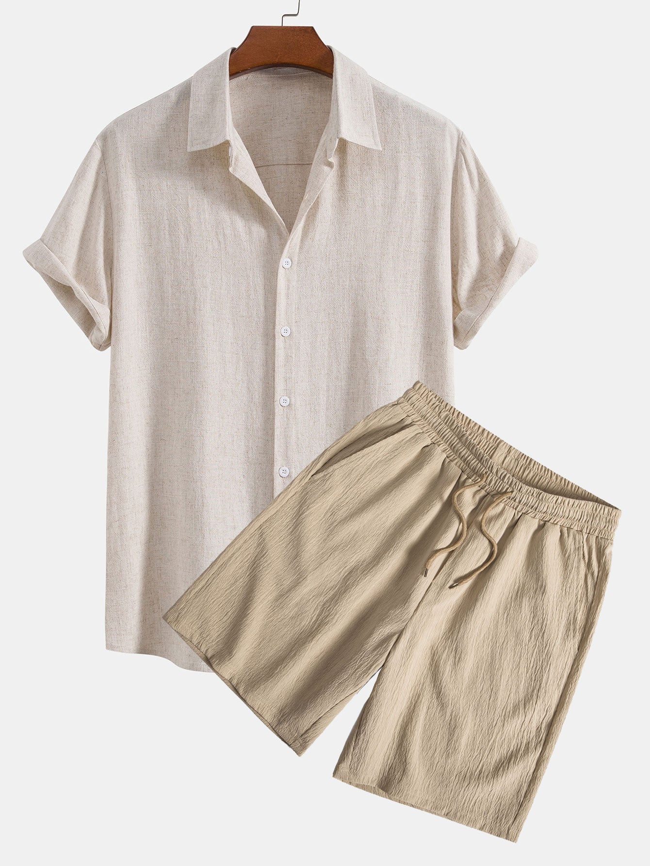 Camisa abotonada de mezcla de lino y rayón y pantalones cortos con cordón y textura arrugada