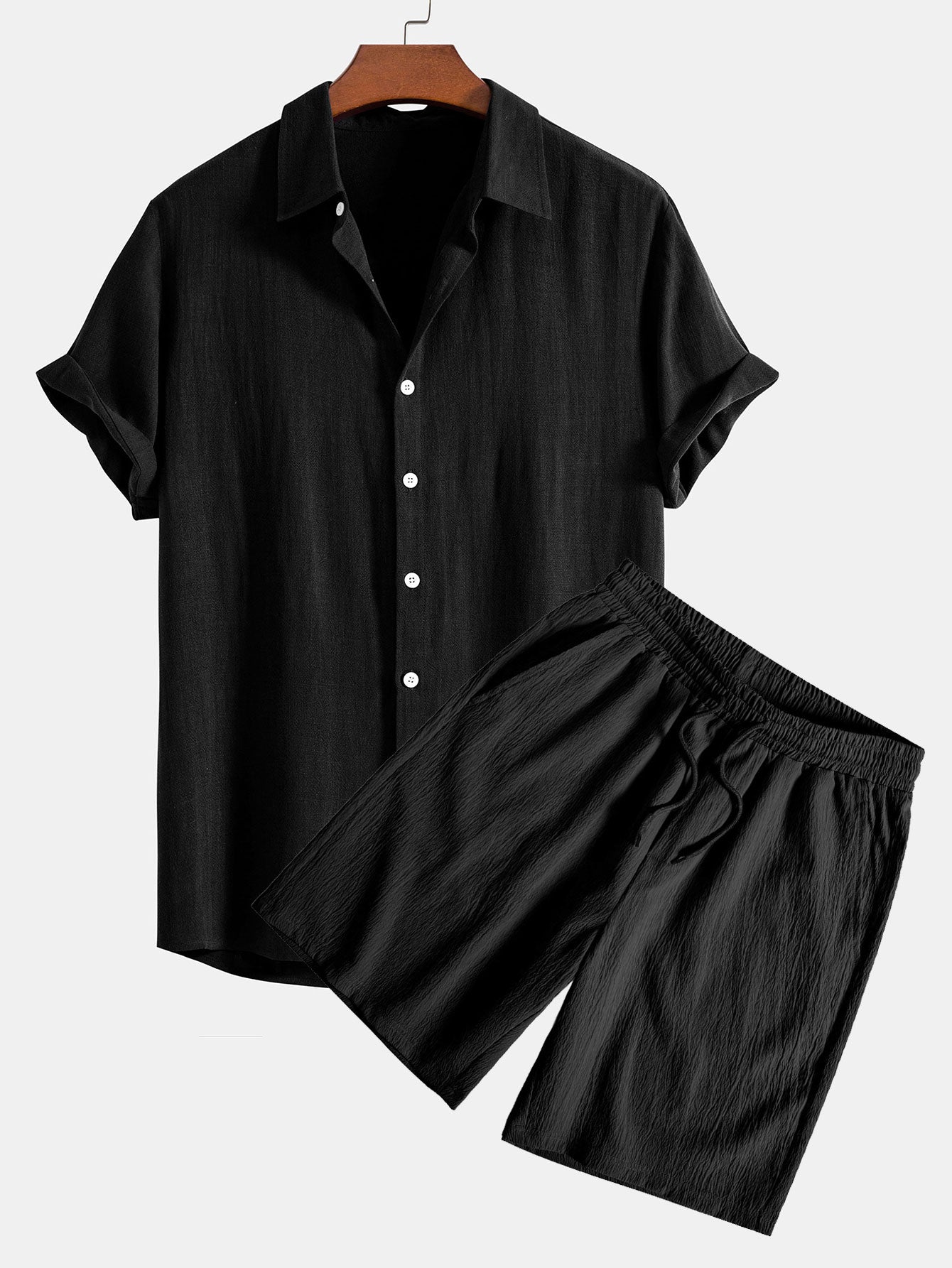 Camisa abotonada de mezcla de lino y rayón y pantalones cortos con cordón y textura arrugada