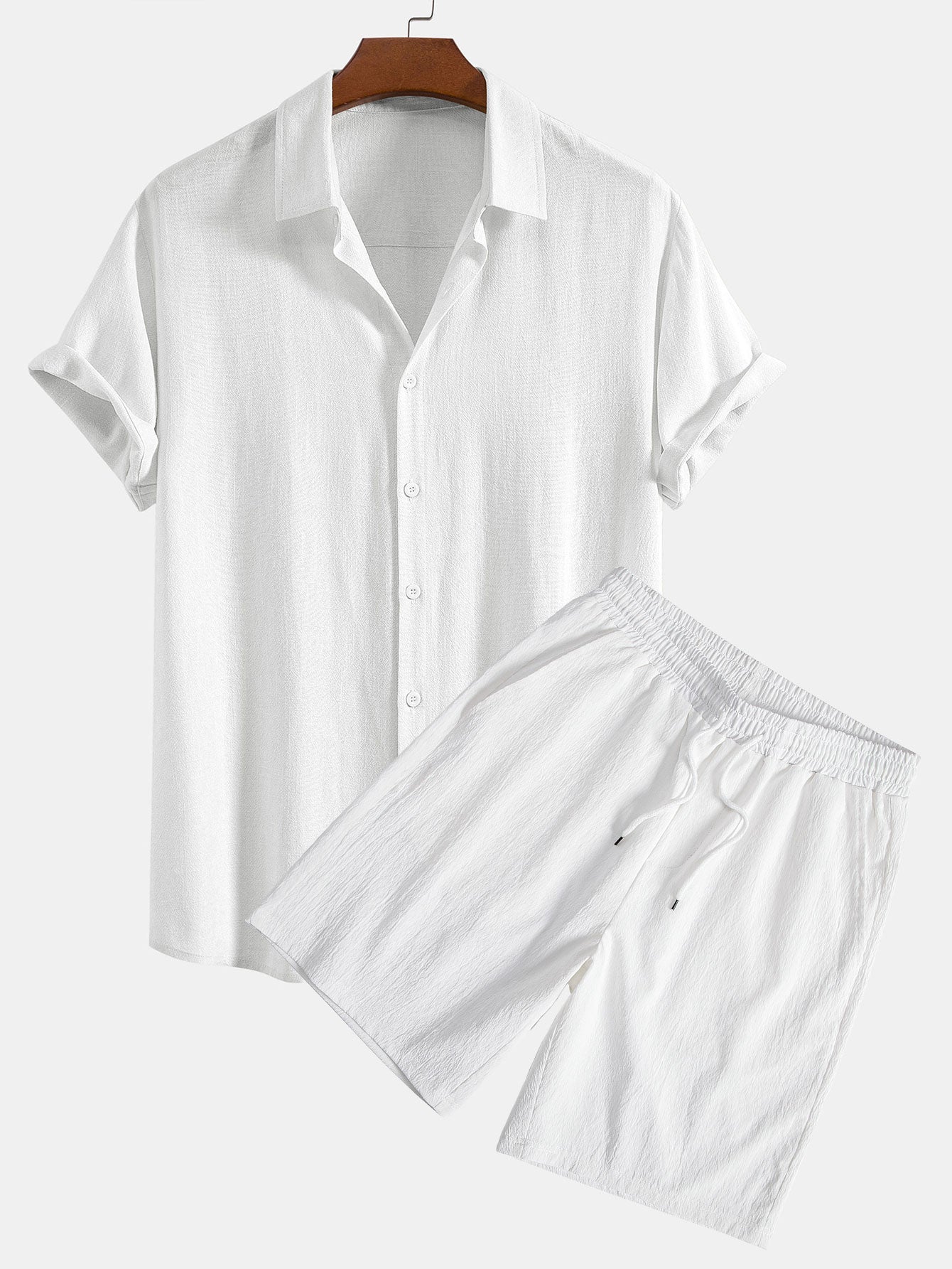 Camisa abotonada de mezcla de lino y rayón y pantalones cortos con cordón y textura arrugada