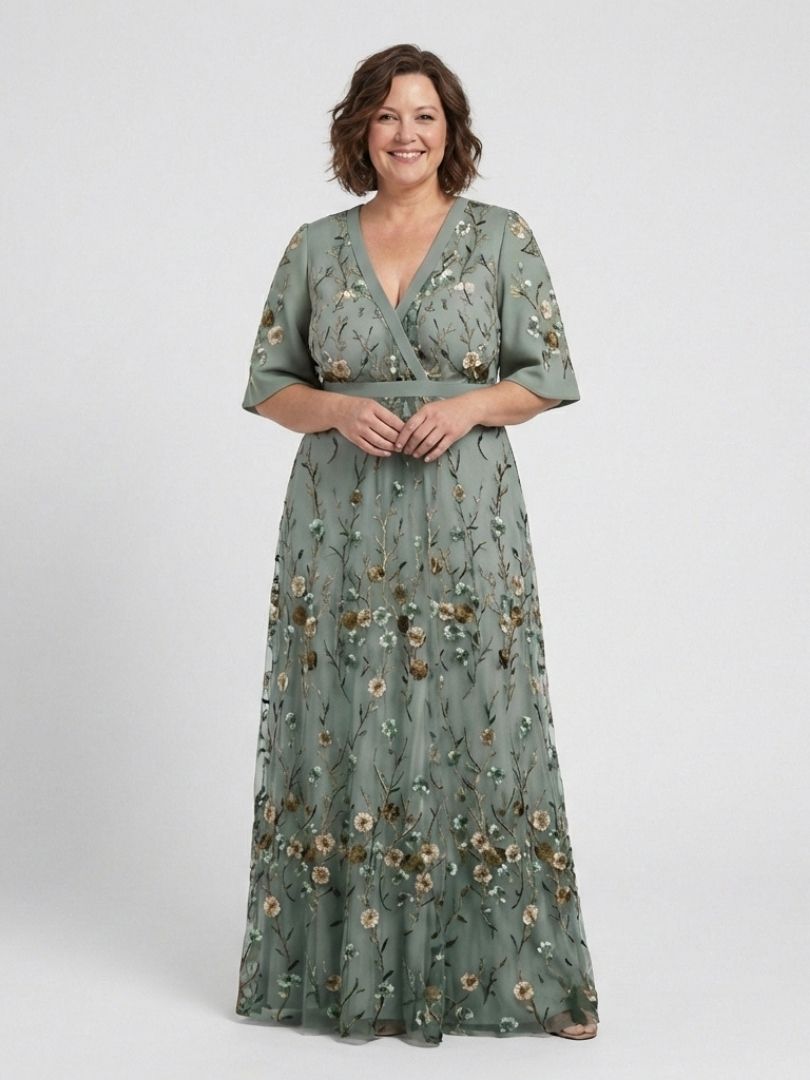 Evadne | Vestido Maxi Floral de Manga Corta y Escote en V