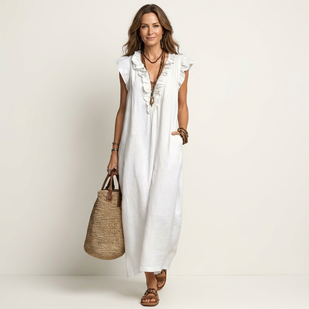 Josette | Vestido Maxi de Lino con Volantes y Cuello en V