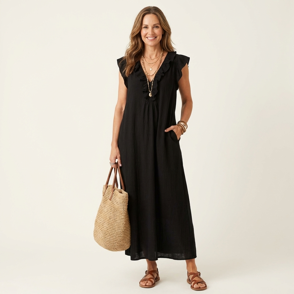 Josette | Vestido Maxi de Lino con Volantes y Cuello en V
