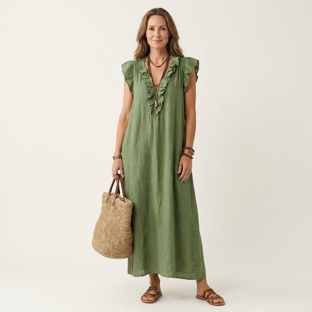 Josette | Vestido Maxi de Lino con Volantes y Cuello en V