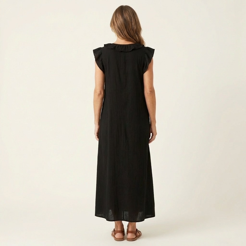 Josette | Vestido Maxi de Lino con Volantes y Cuello en V