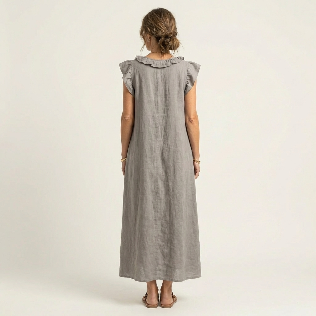 Josette | Vestido Maxi de Lino con Volantes y Cuello en V