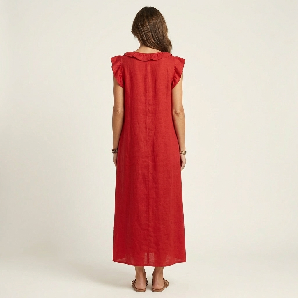 Josette | Vestido Maxi de Lino con Volantes y Cuello en V