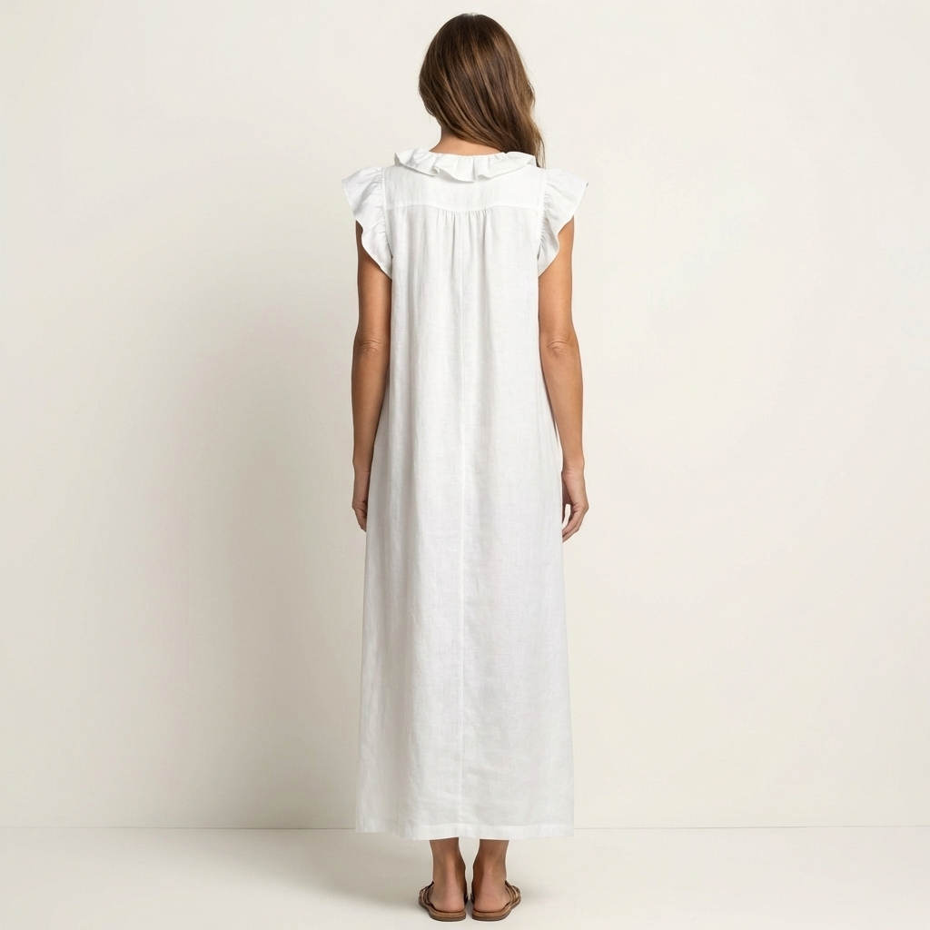 Josette | Vestido Maxi de Lino con Volantes y Cuello en V