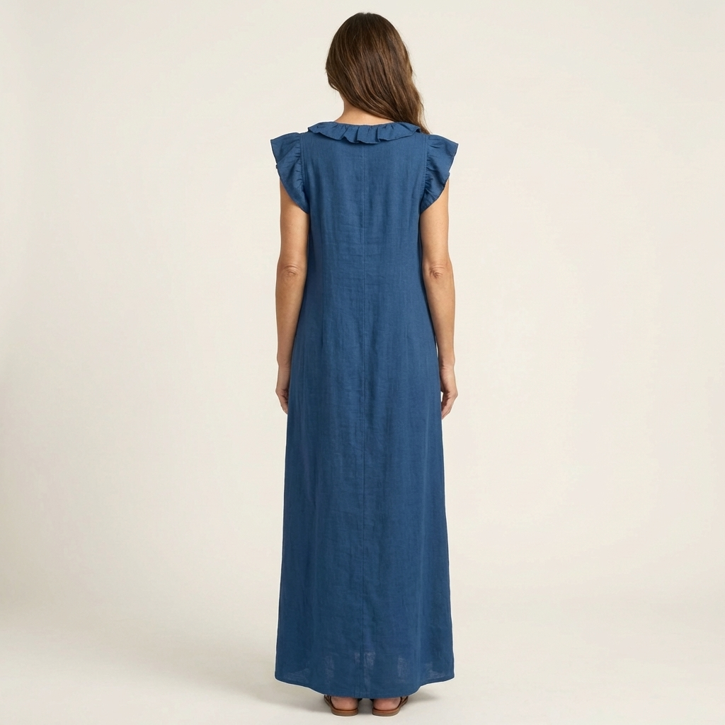 Josette | Vestido Maxi de Lino con Volantes y Cuello en V