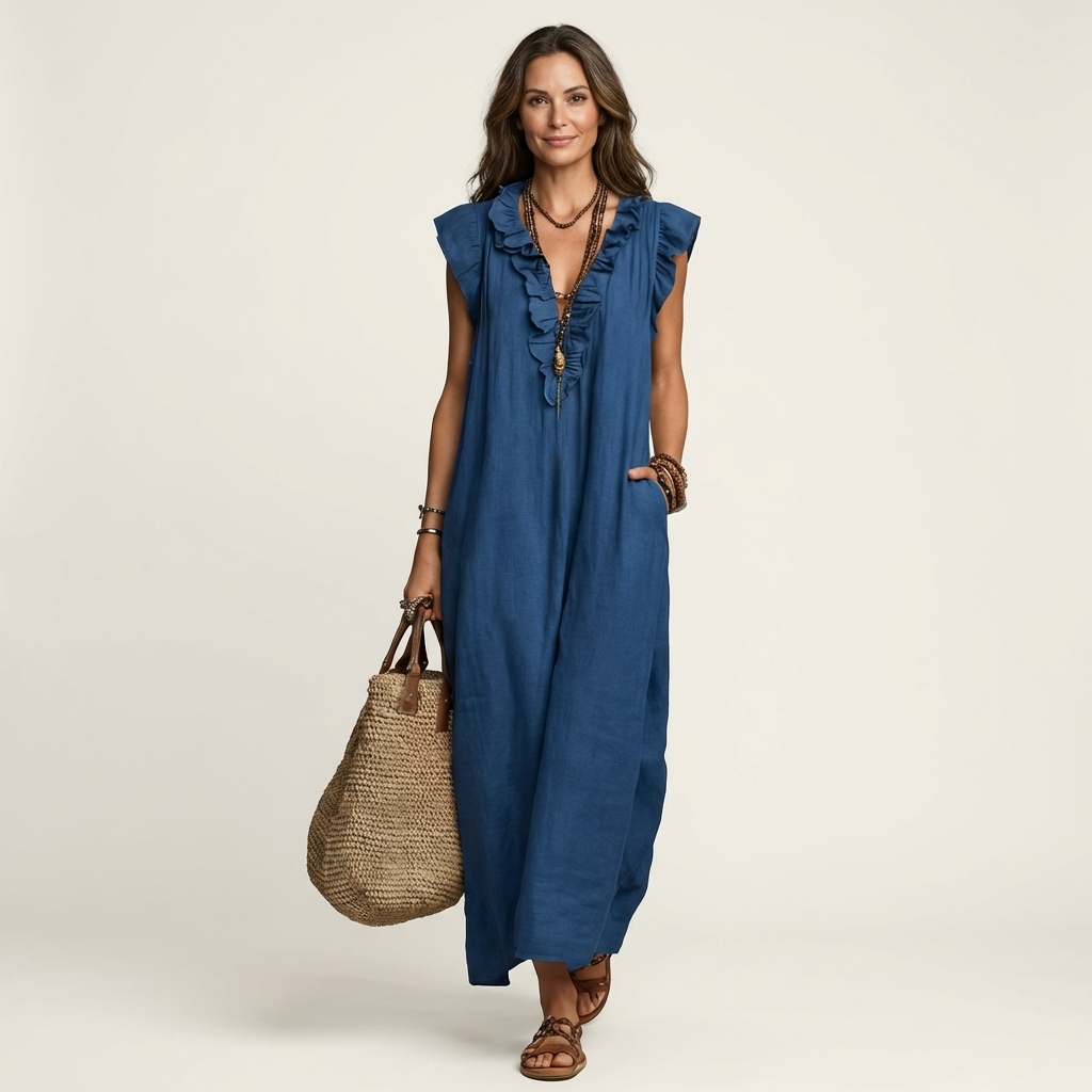 Josette | Vestido Maxi de Lino con Volantes y Cuello en V