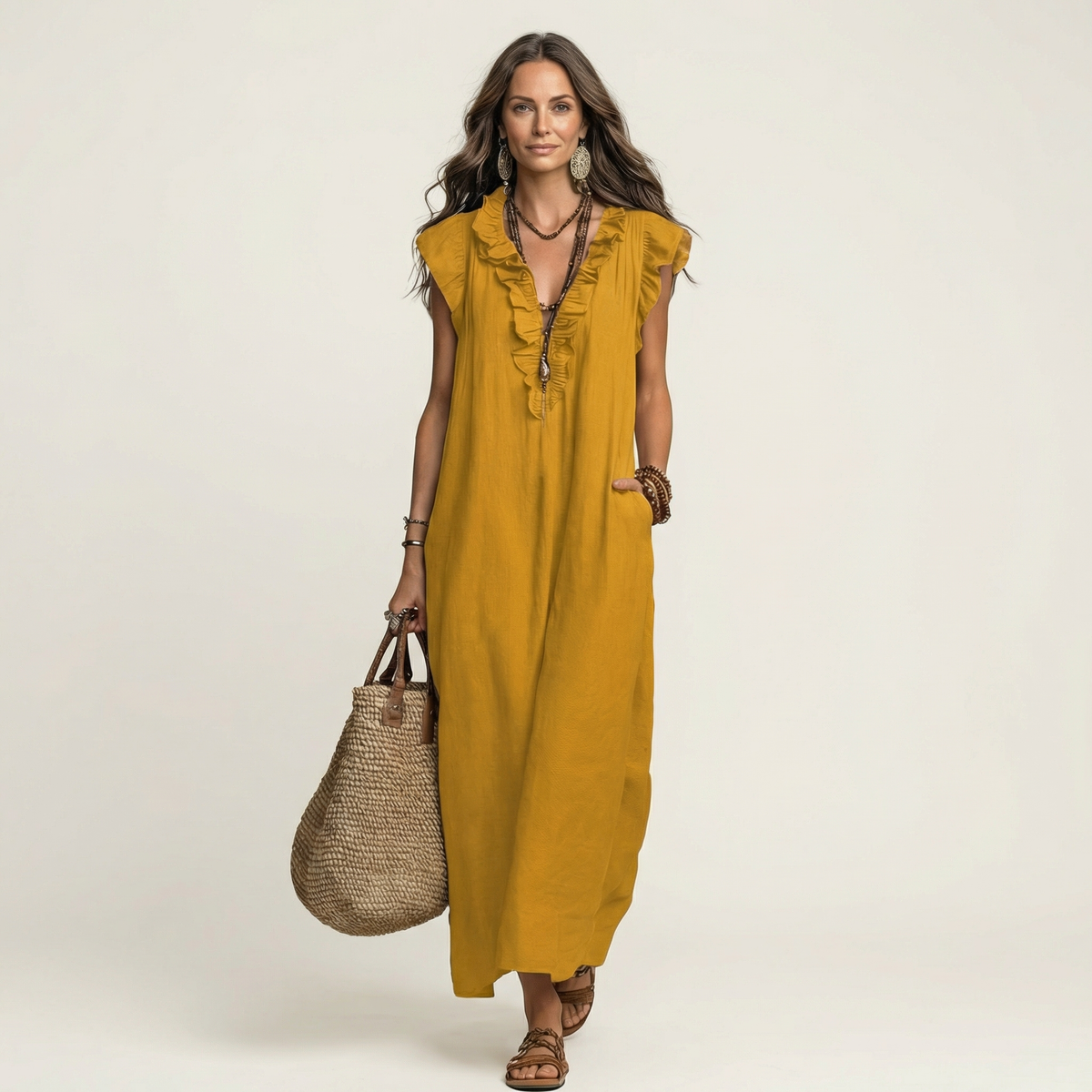 Josette | Vestido Maxi de Lino con Volantes y Cuello en V