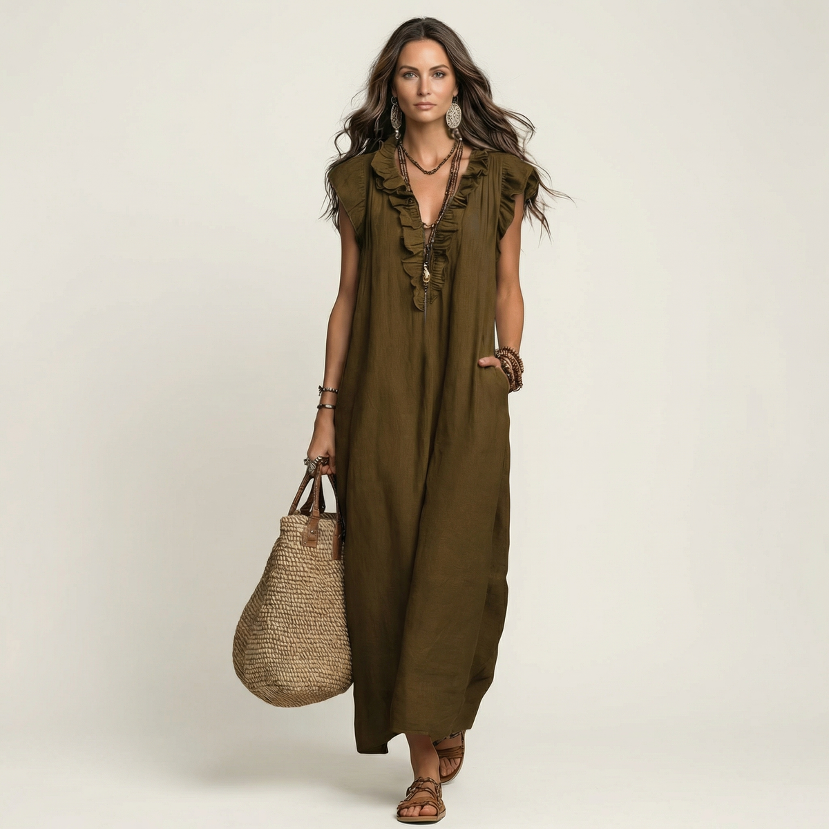 Josette | Vestido Maxi de Lino con Volantes y Cuello en V