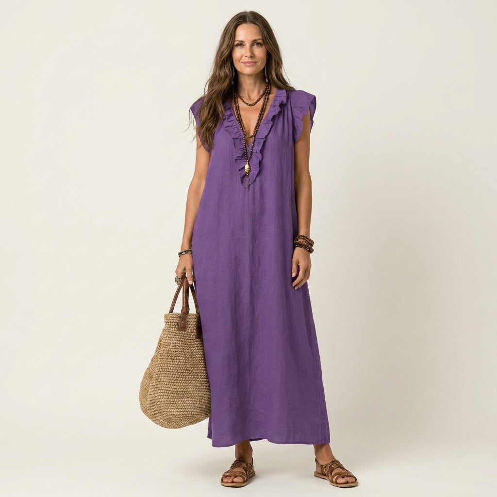 Josette | Vestido Maxi de Lino con Volantes y Cuello en V