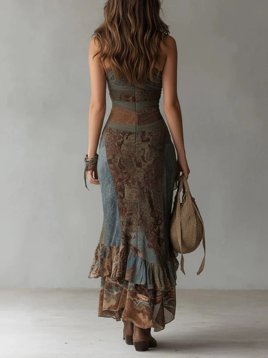 Maria | Vestido Largo Asimétrico con Estampado Étnico y Abertura Lateral Alta