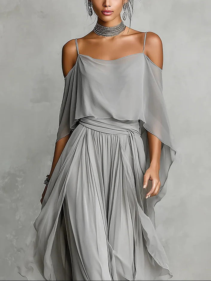 Isabela - Conjunto de Top con Tirantes Finos y Falda Fluida de Gasa