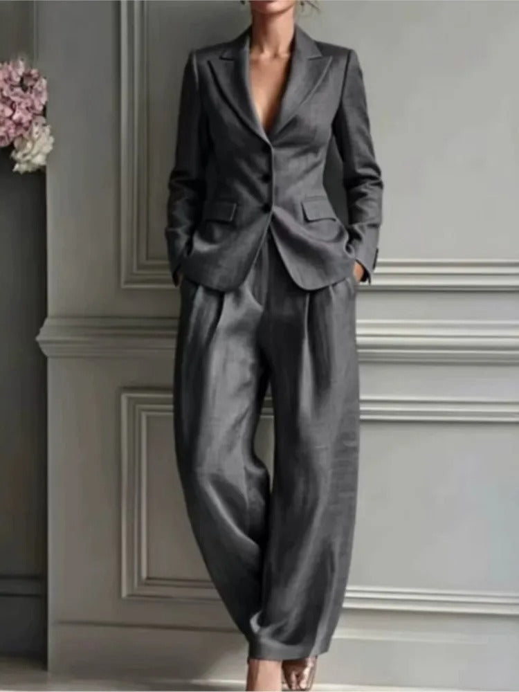 Victoria Conjunto de Traje Elegante con Blazer Entallado y Pantalón Ancho