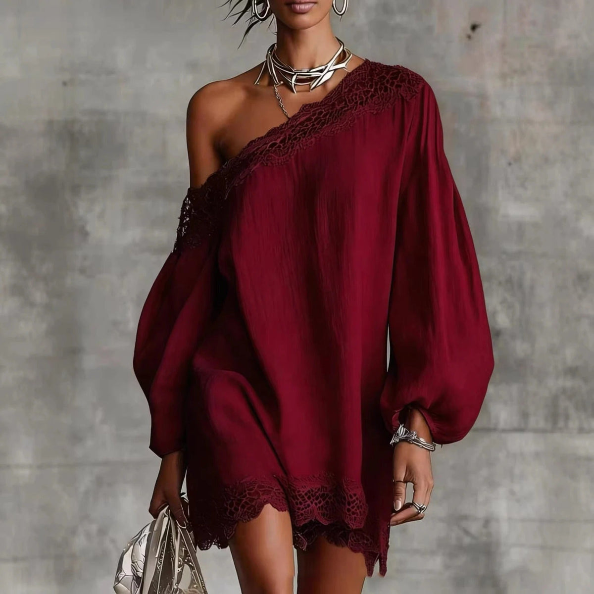 Olivia Vestido Mini de Encaje con Off-Shoulder y Mangas Abullonadas