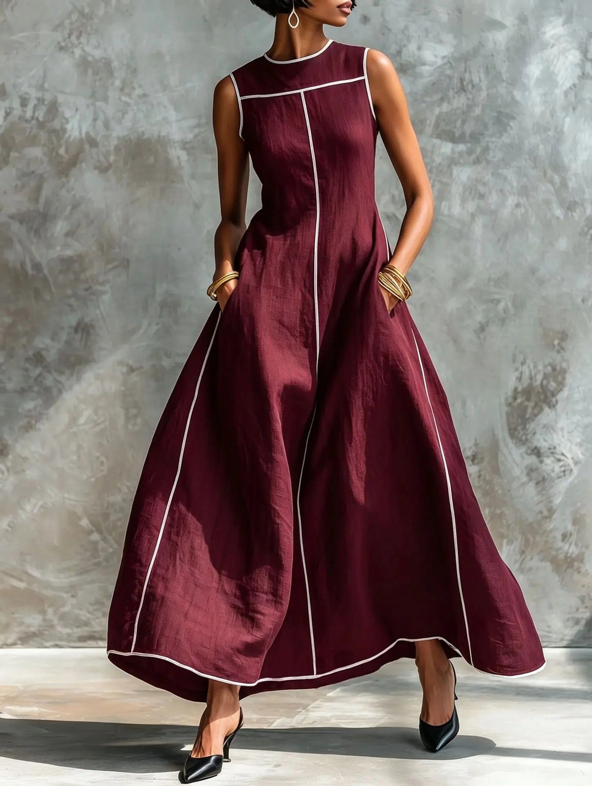 Vestido Largo Carlota con Ribete en Contraste
