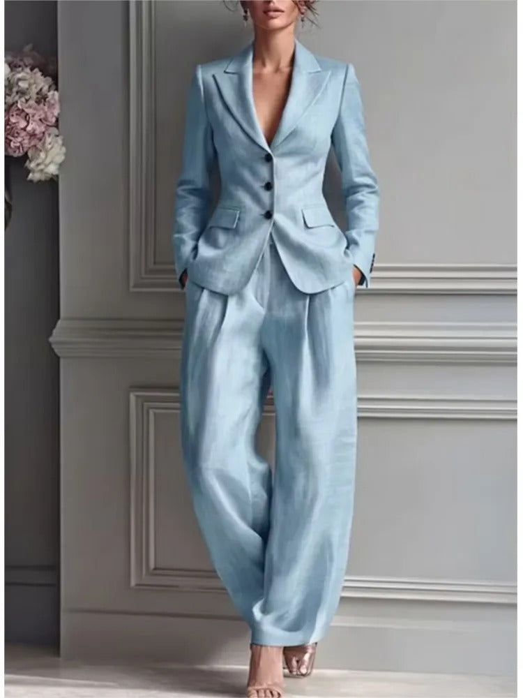 Victoria Conjunto de Traje Elegante con Blazer Entallado y Pantalón Ancho