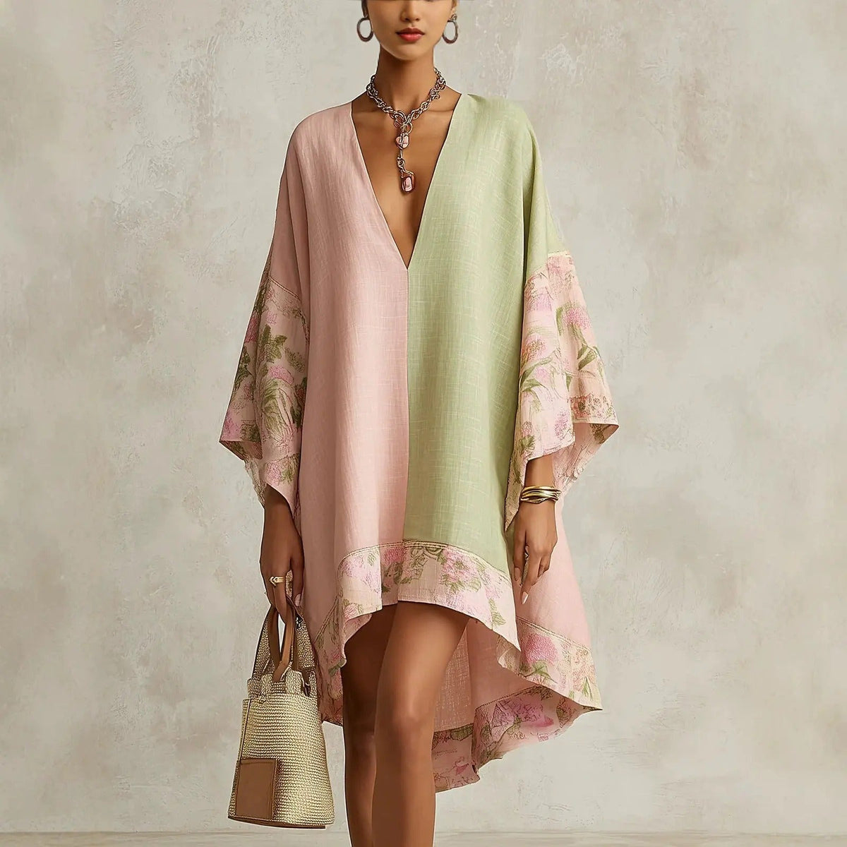 Vestido Bohemio Floral Jimena con Mangas Murciélago y Cuello de Pico